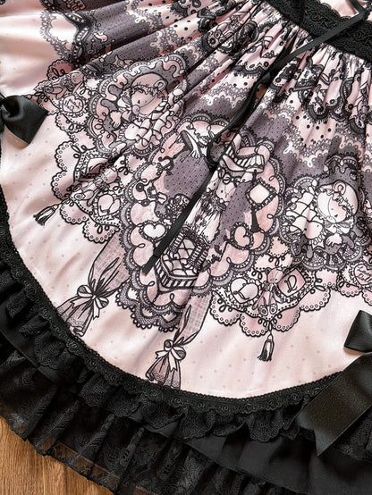 Black and Pink Kitty Bunny Print Tiered Sweet Dress - Mademoiselle Pearl