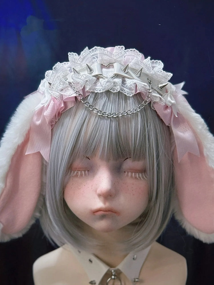 Bunny Strap Leather Ear with Pink Droopy KC White Rivet Plush