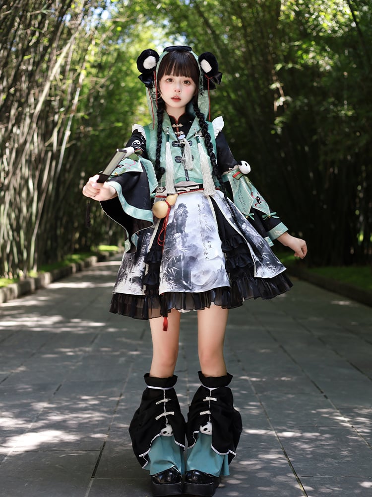 Ear with Panda-Embroidered Mint Hooded Cropped Vest and Accents Green Tassels Plush