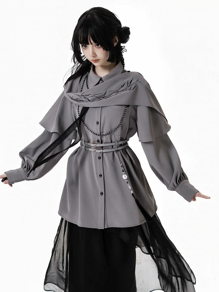 Shirt Shoulder Buckle and Embroidered Cape Detachable Cheongsam Style with Gray Bamboo Belt