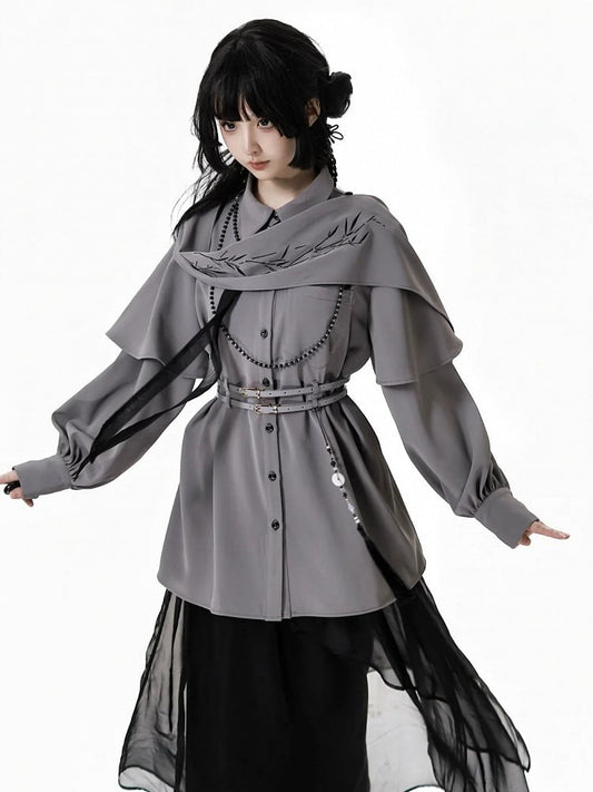 Shirt Shoulder Buckle and Embroidered Cape Detachable Cheongsam Style with Gray Bamboo Belt