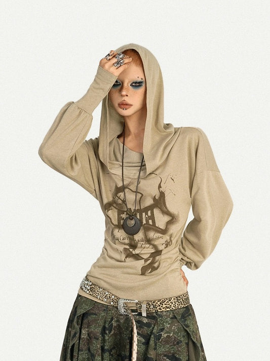 Wasteland Style Cowl Neck Cross Print Long Sleeve Hoodie with Ruffle Details