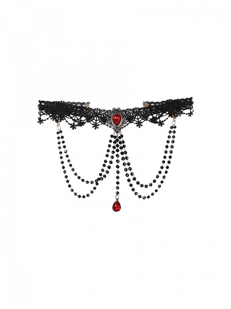 Black Red Gothic Corset Top and Skirt Set with Choker - Xiong Dou Jiang