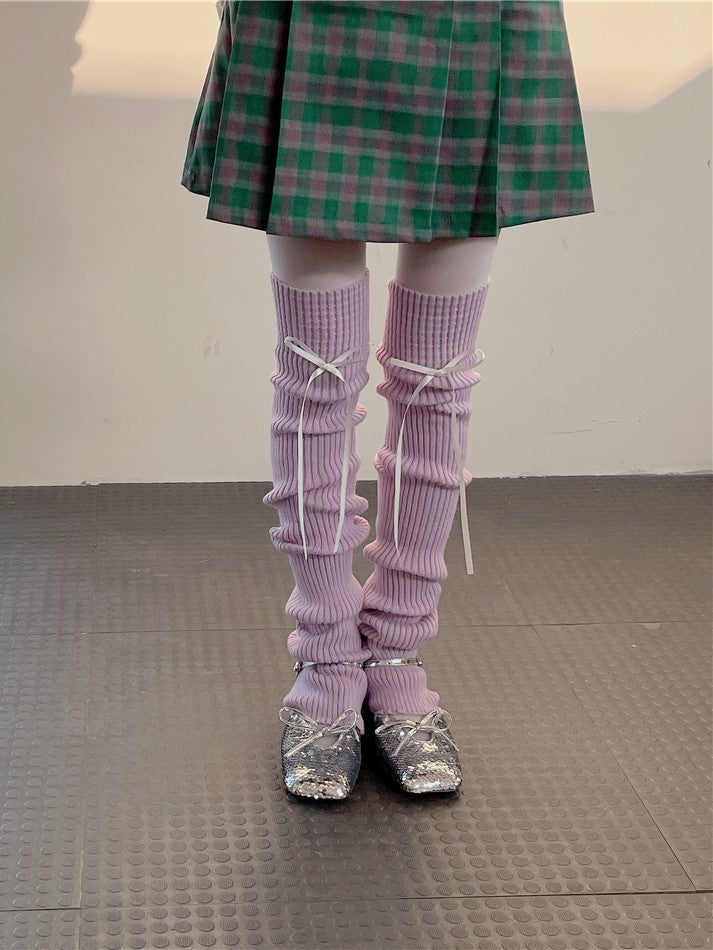 Options Detachable Color Knitted 7 With Leg Warmers Ribbon 75CM Bow