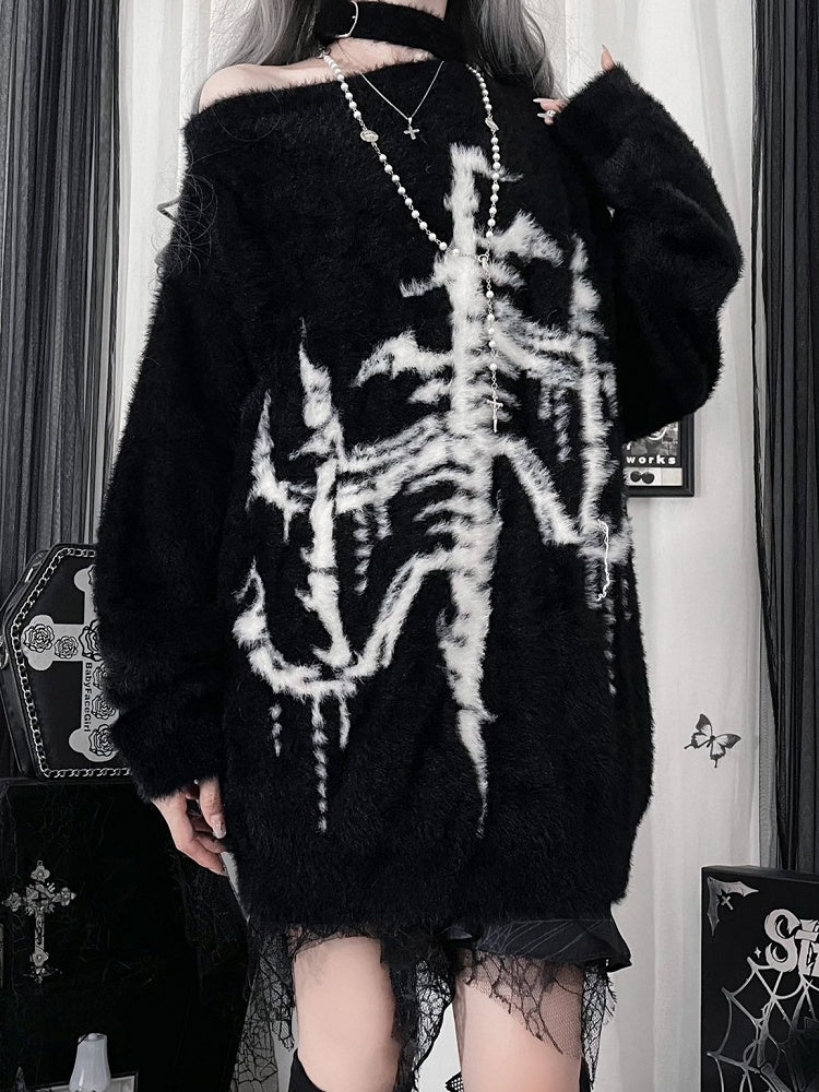 Subculture Black Print with Faux Fur Sweater One-Shoulder