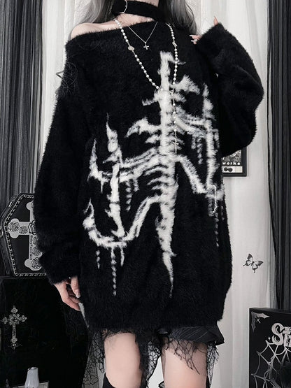 Subculture Black Print with Faux Fur Sweater One-Shoulder