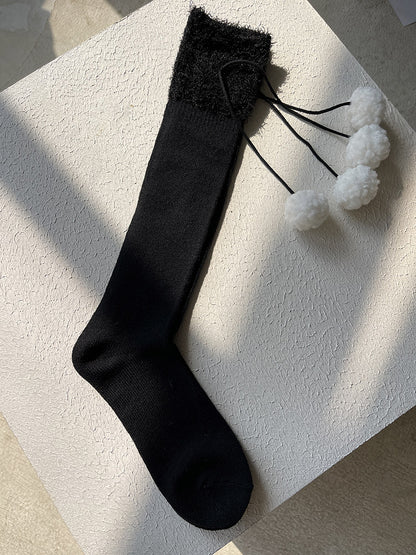 White/Black Bow Calf Socks With Pompons