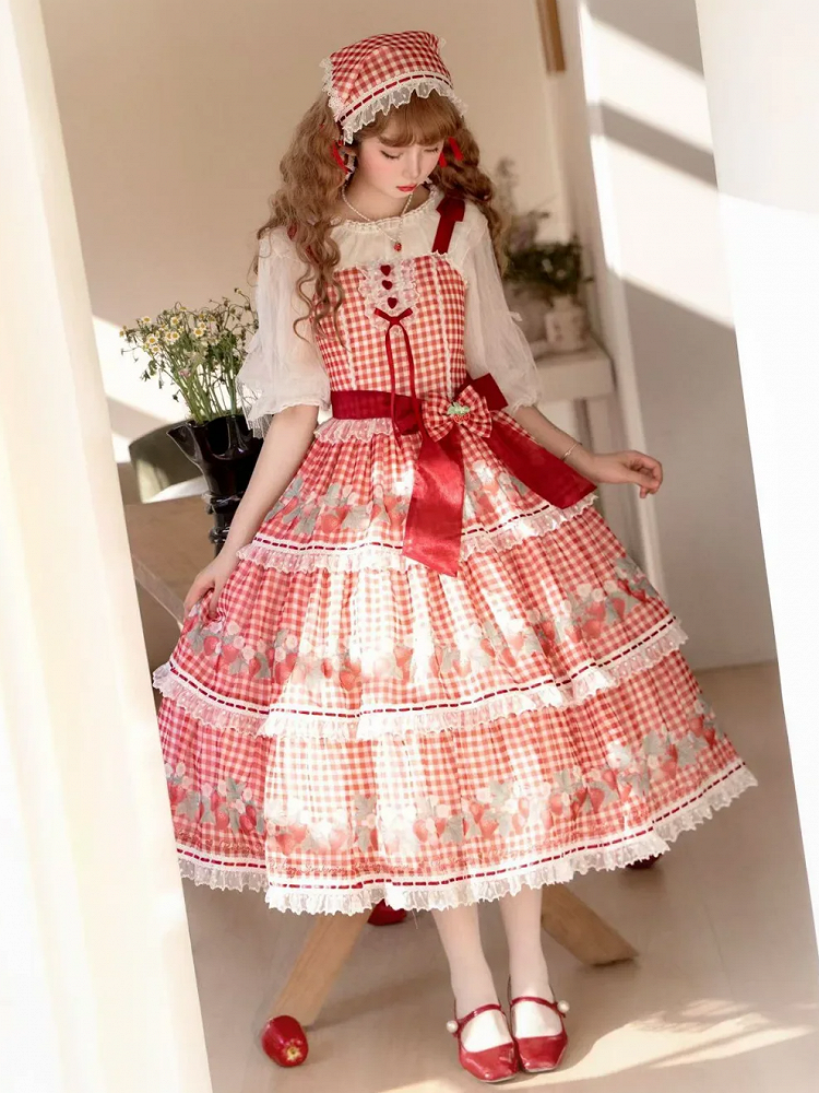 Strawberry Print Red Lolita Picnic Gingham Dress Sweet Lolita Jumper Skirt