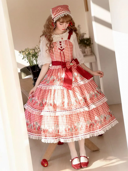 Strawberry Print Red Lolita Picnic Gingham Dress Sweet Lolita Jumper Skirt