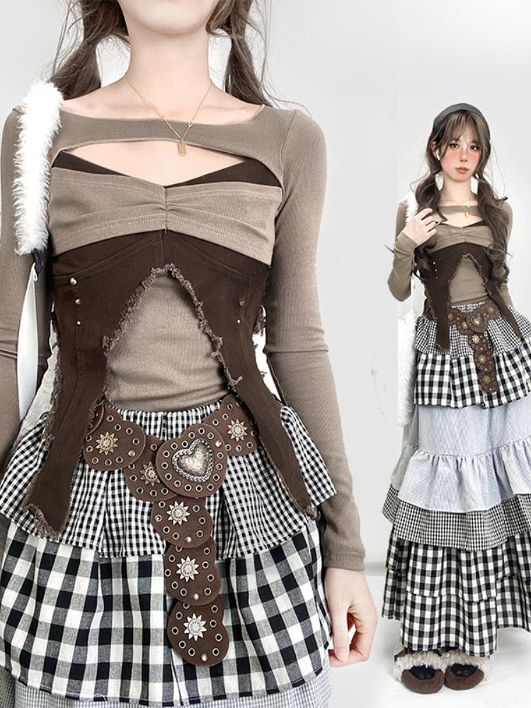 Vintage Brown V-Neck Cutout Detail Glamorous Slim-fitting Top