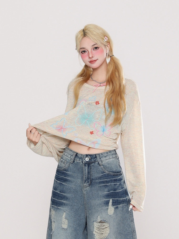 Long Top Embroidery Sleeve Semi-Sheer White/Yellow and Print Butterfly with