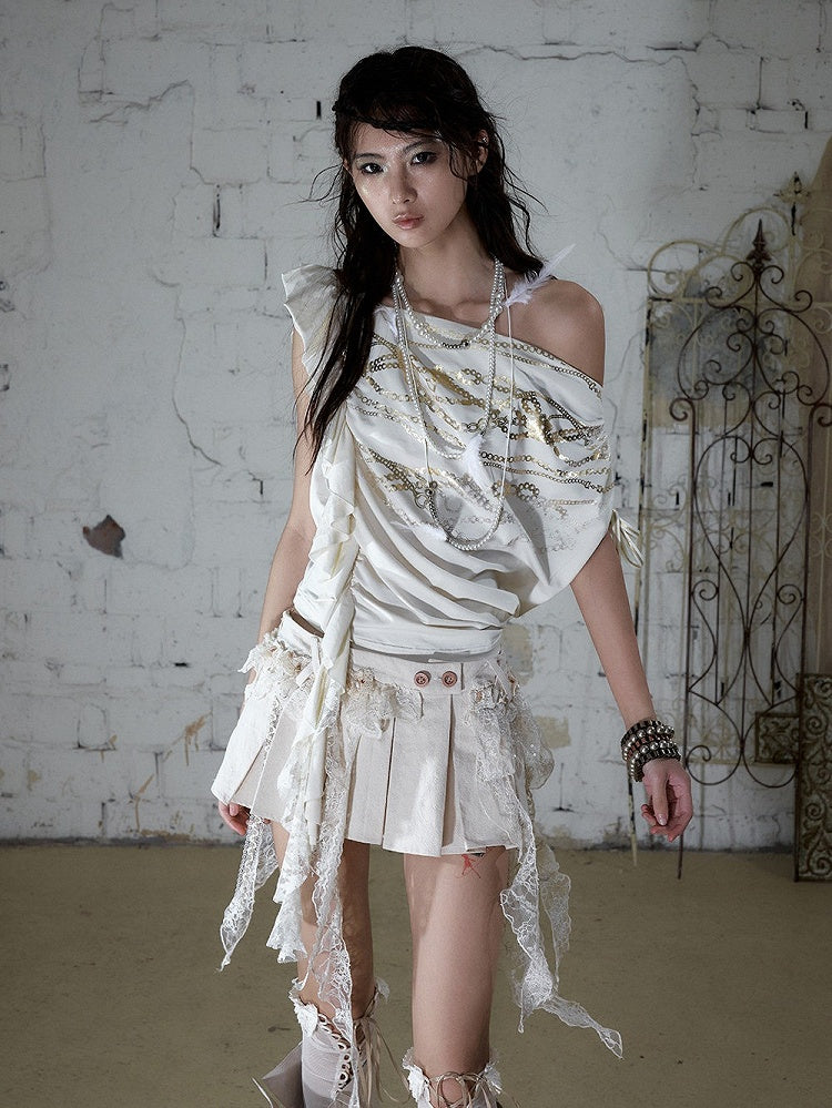 Punk Gold Chain Print Apricot Top with Asymmetric Neckline - NO ROMANCE