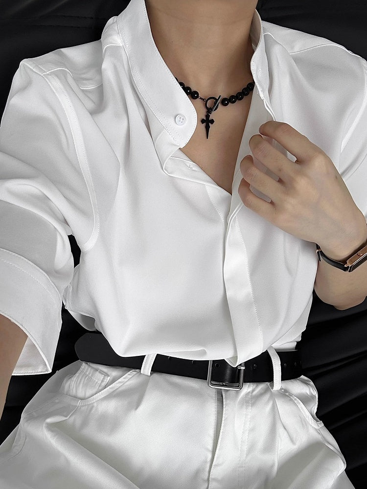 Ouji Lolita White Unisex Short Sleeve Shirt with Mandarin Collar & Button-Down Front