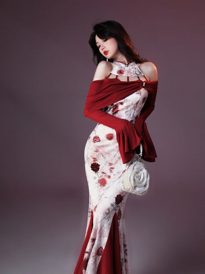 Elegant Long Fish Tail Dress with Rose Print & Cutout Shoulder - sijinstudio