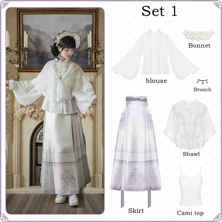 ロングスカート 花柄袖 パープル + ロリータプリント 漢馬顔とライトブラウス ホワイトセット フルスネーク