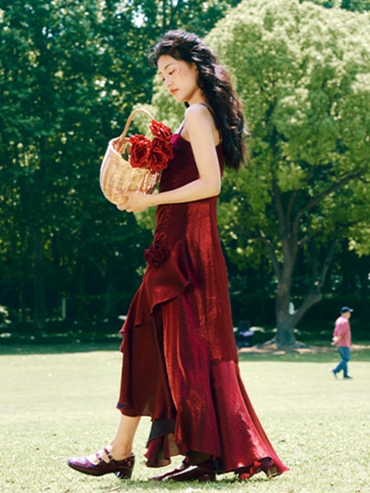 Red Floral Mermaid Skirt Flounce Hem Cami Dress