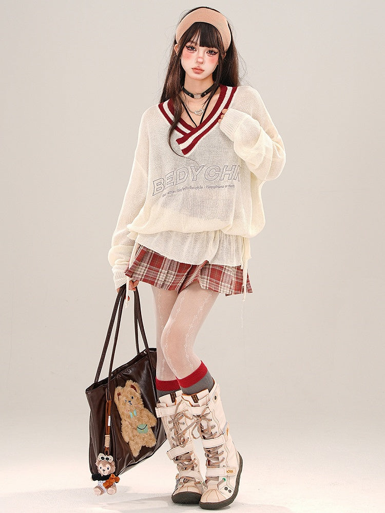 Red/Blue Buckle Pleated Plaid Skirt Mini Waist High Straps