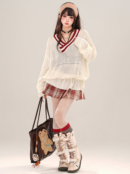 Red/Blue Buckle Pleated Plaid Skirt Mini Waist High Straps