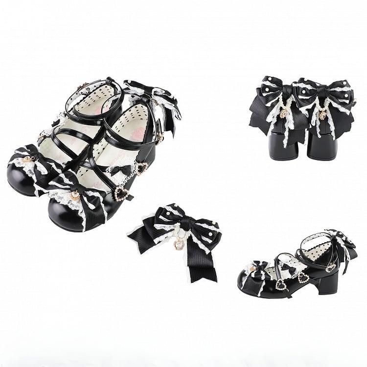 Riemen 2CM/5CM Schwarze Absätze Bowknot Herz Crisscross Schuhe Design Schnalle Süße Details Block Lolita