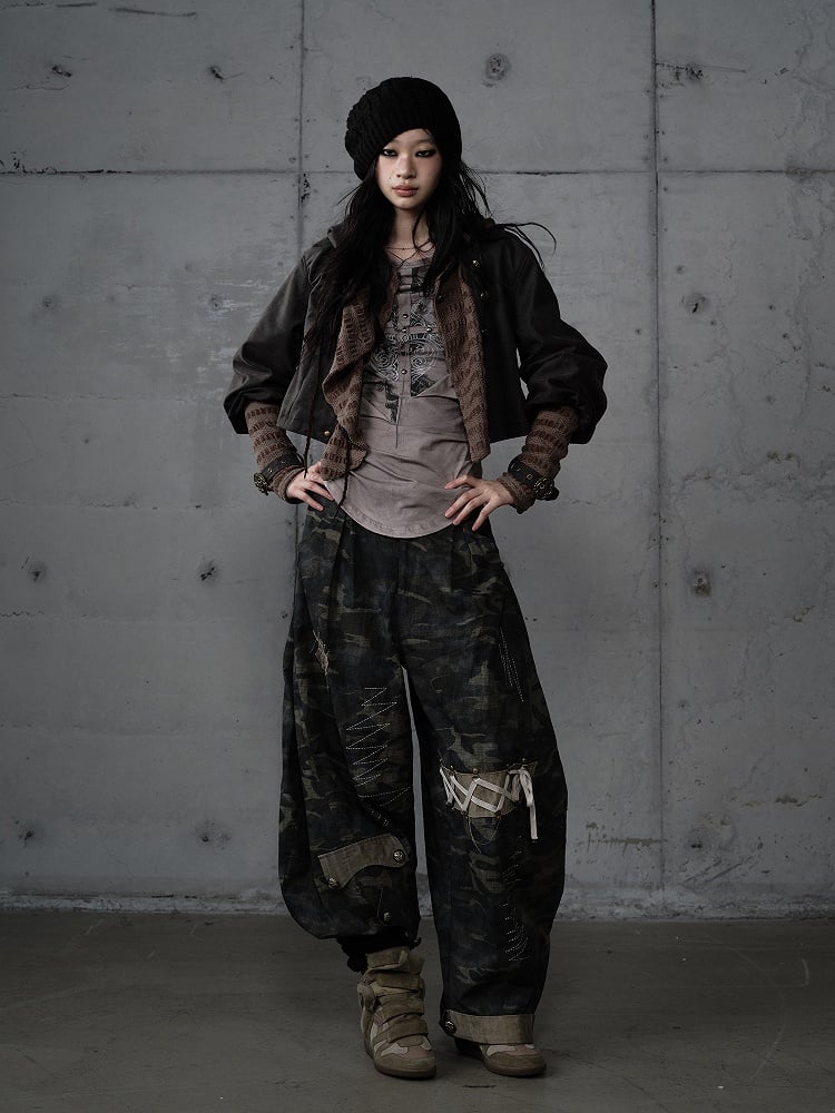 Dark Vintage Knit Jacket Hoodie with Green Paneling Suede