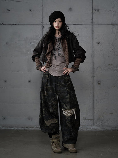 Dark Vintage Knit Jacket Hoodie with Green Paneling Suede