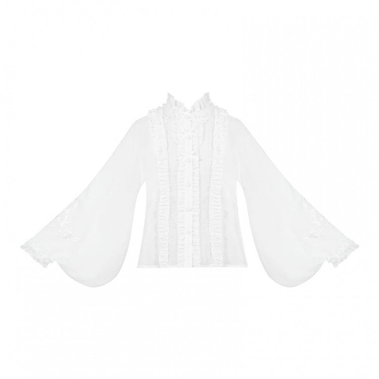 ブラウス 半袖 花柄ネックライン 刺繍 白蛇とロリータ ロングフリル