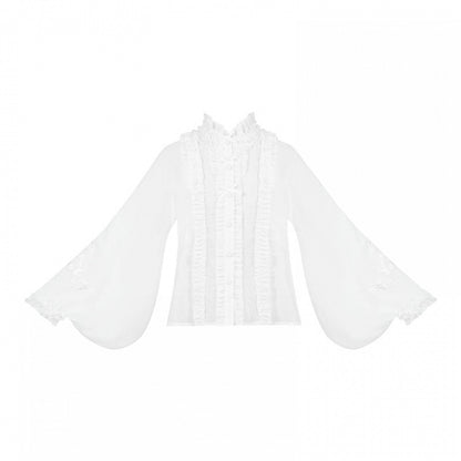 ブラウス 半袖 花柄ネックライン 刺繍 白蛇とロリータ ロングフリル