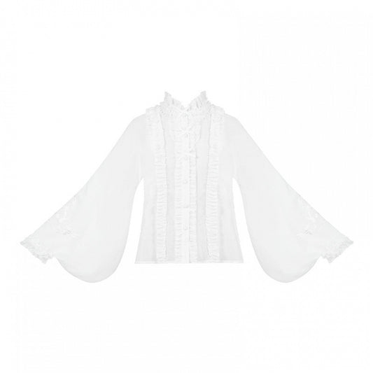 ブラウス 半袖 花柄ネックライン 刺繍 白蛇とロリータ ロングフリル