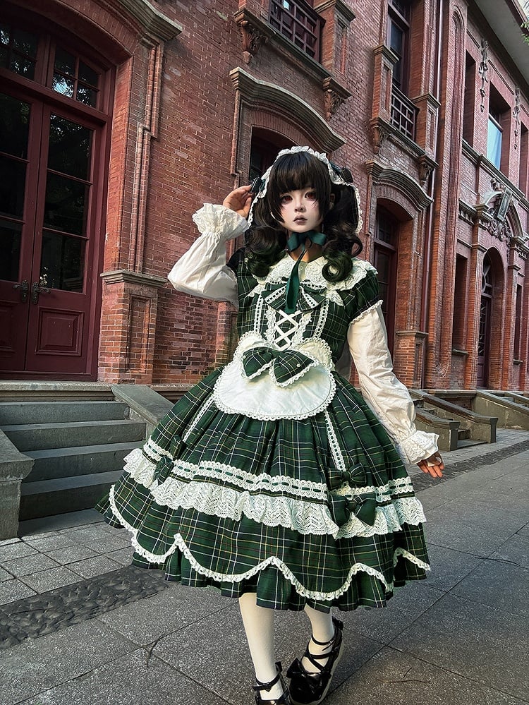 und Kleid karierte Puffärmel mit Akzenten Lolita-Schleife gewellter Rand süßes Grün