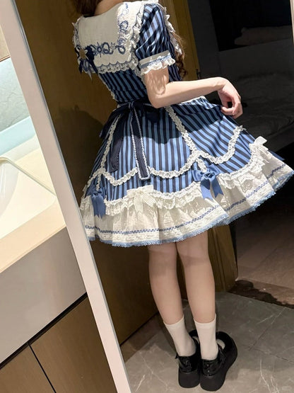 Sailor Bear Striped Dress with Bow and Embroidery - Twin Bear Original Design