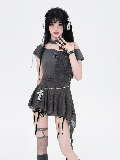 and Dress All-in-one Glamorous Mini Punk Gray Asymmetrical Neckline and Choker Hem