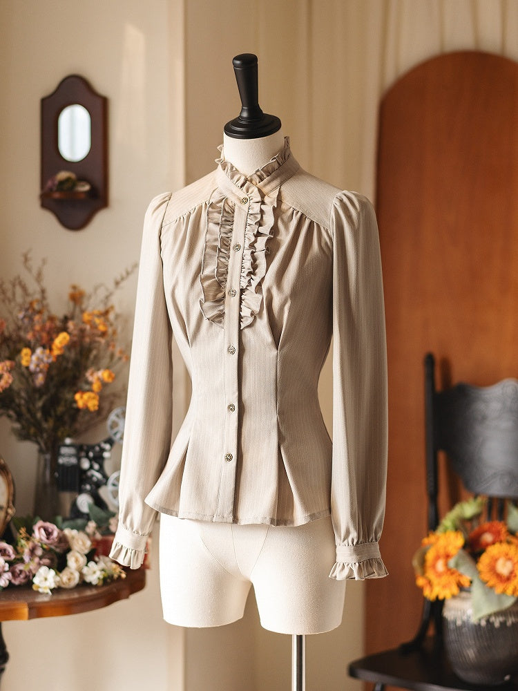Long Elegant Striped Ruffle Sleeves with Details Shirt
