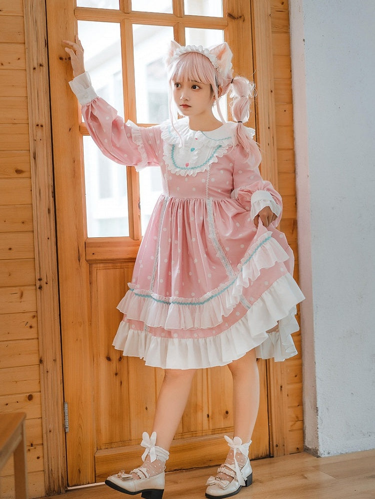 Polka Pink with Dress Ruffle Long Dot Sweet Sleeve Lolita OP Details