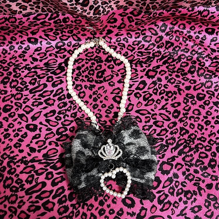 Decorations Colors Leopard 3 Print Heart Bow Gyaru Crown Beaded with Necklace