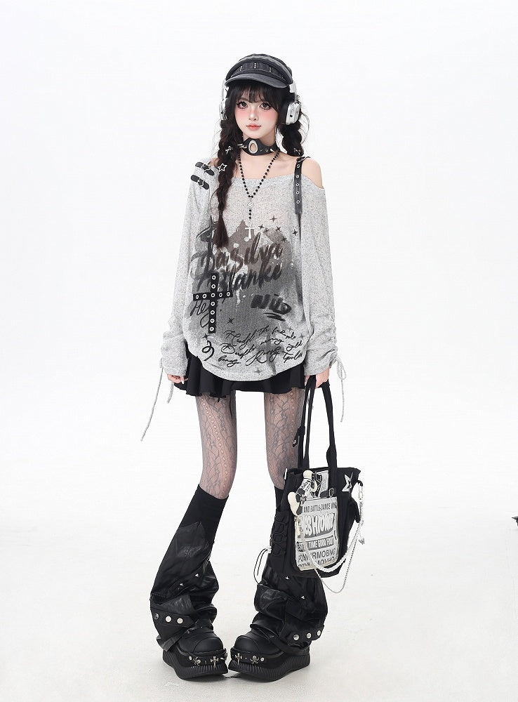 Gray/Black Asymmetrical Neckline Graffiti Print Star Light Buckles Coverup