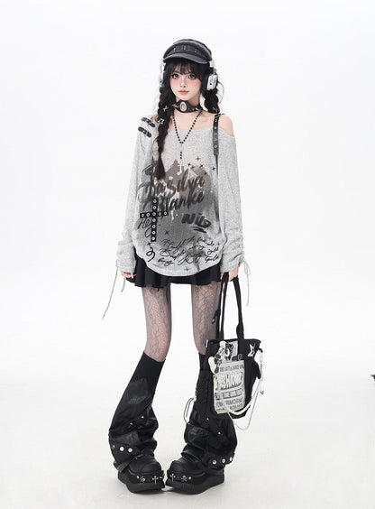 Gray/Black Asymmetrical Neckline Graffiti Print Star Light Buckles Coverup