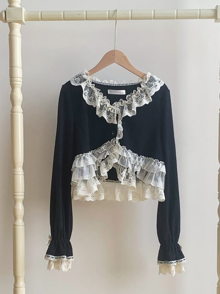 Top Caidigan Lolita Long for Spring/Autumn Black Knit Sleeves