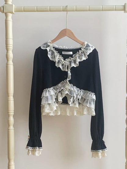 Top Caidigan Lolita Long for Spring/Autumn Black Knit Sleeves