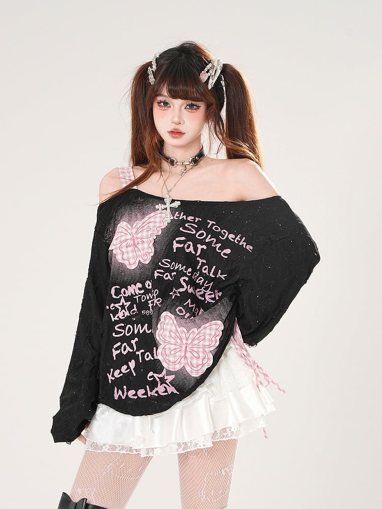 Off-the-shoulder Black/White Pink Plaid Butterfly Appliques