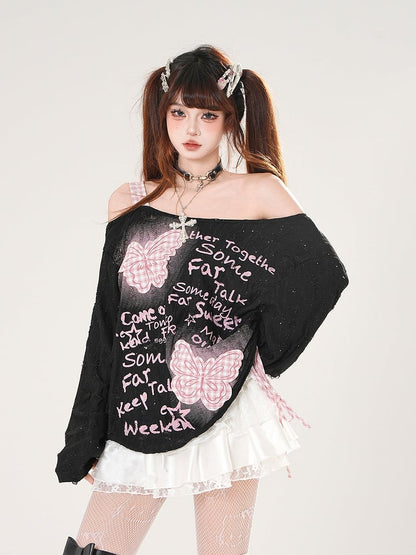 Off-the-shoulder Black/White Pink Plaid Butterfly Appliques