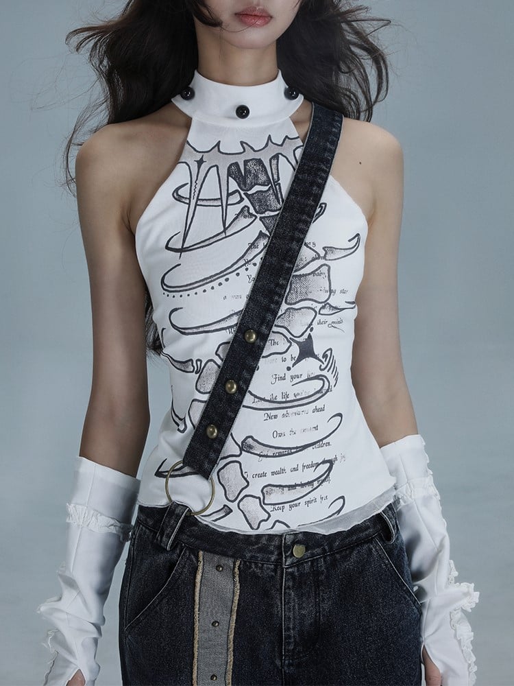Details Print with Halter Bead Punk White Graphic Spine Top
