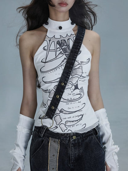 Details Print with Halter Bead Punk White Graphic Spine Top