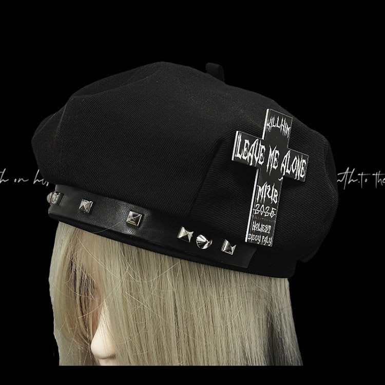 Y2K Black Cross Accent Punk Beret Studded Bittersweet Rock