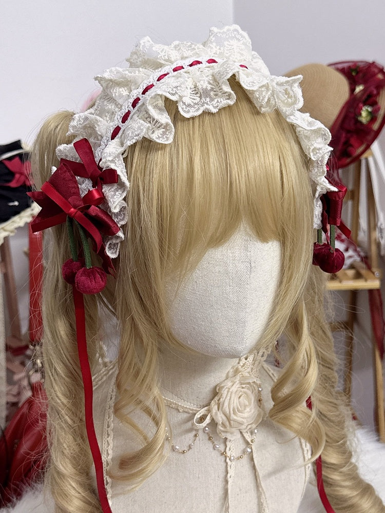 Lolita Red White Sweet Hairband Cherry Lace