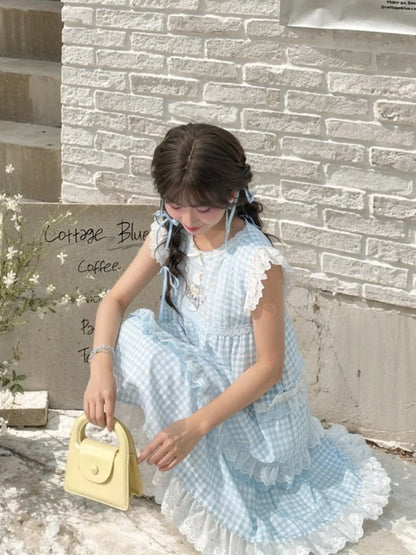 Sleeveless Dress Blue Plaid Tiered Flutter Bunny Embroidery Lace Sleeves Skirt Trim