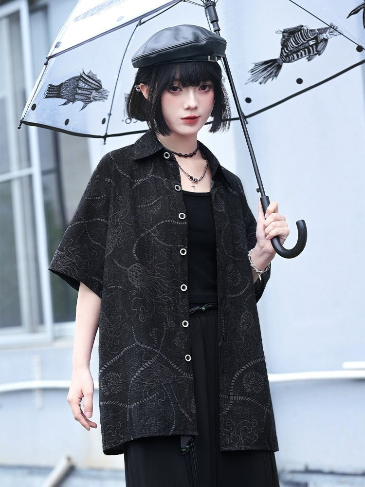 Black Sea Lily Print Loose Short Sleeve Shirt - Quirky Hut