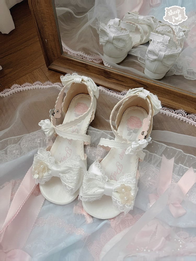 Sweet Lolita Summer White Low Heel Sandals with Flower Bow - Sheep Puff