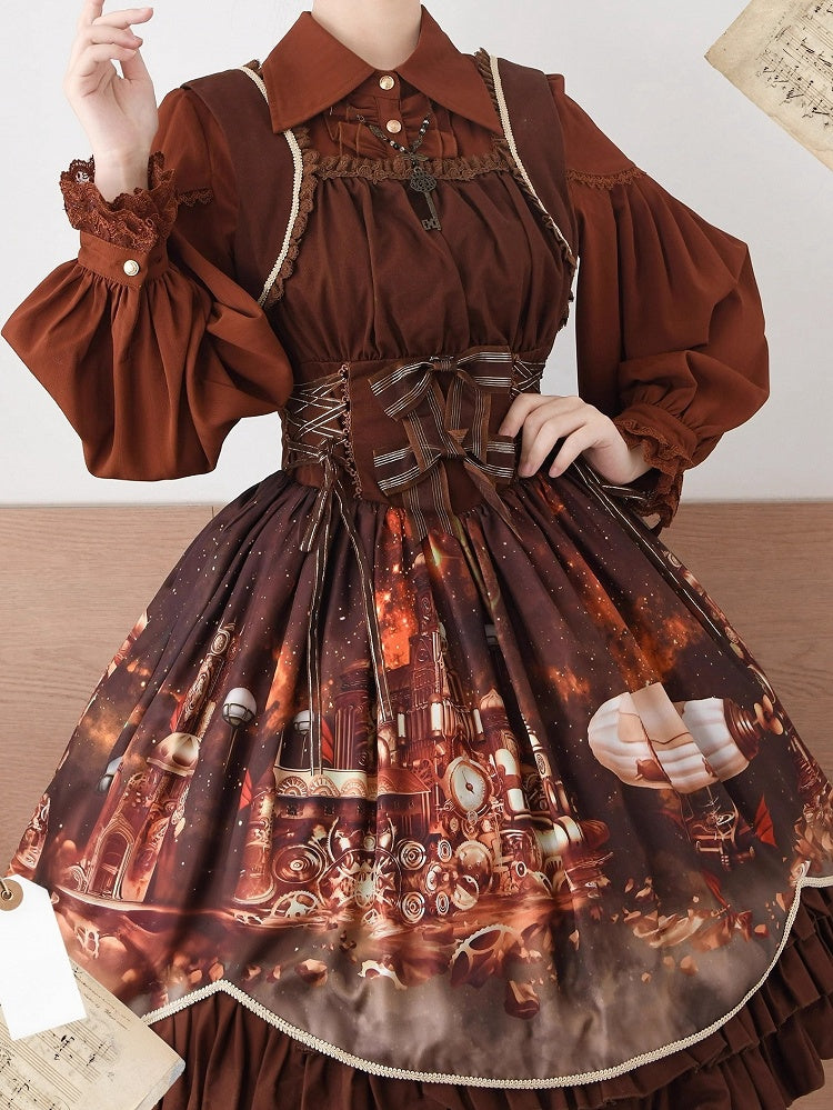 コーヒー色のエレガントなポインテッドカラーの長袖シャツ