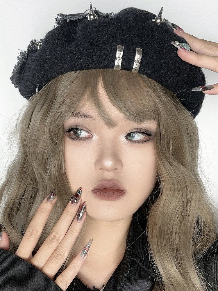 ブラックパンクスターアップリケスタッドディテールウィンターベレー帽