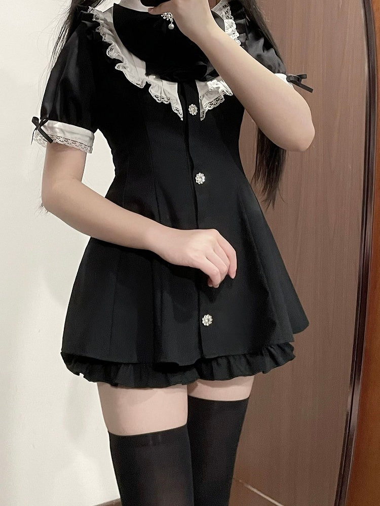 Short Big Jirai Kei Black Detachable Set Sleeves Mini and Jabot Collar Bow Dress+Shorts